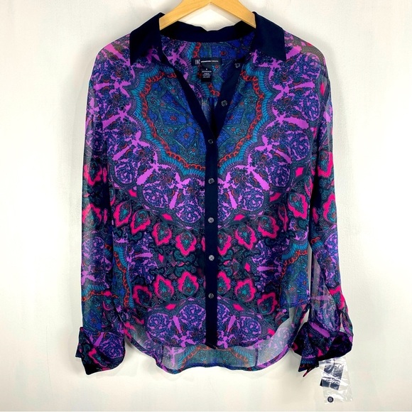 INC Abstract Print Pattern Semi Sheer Full Button Up Down Blouse Shirt Top 6 NWT - Picture 1 of 5